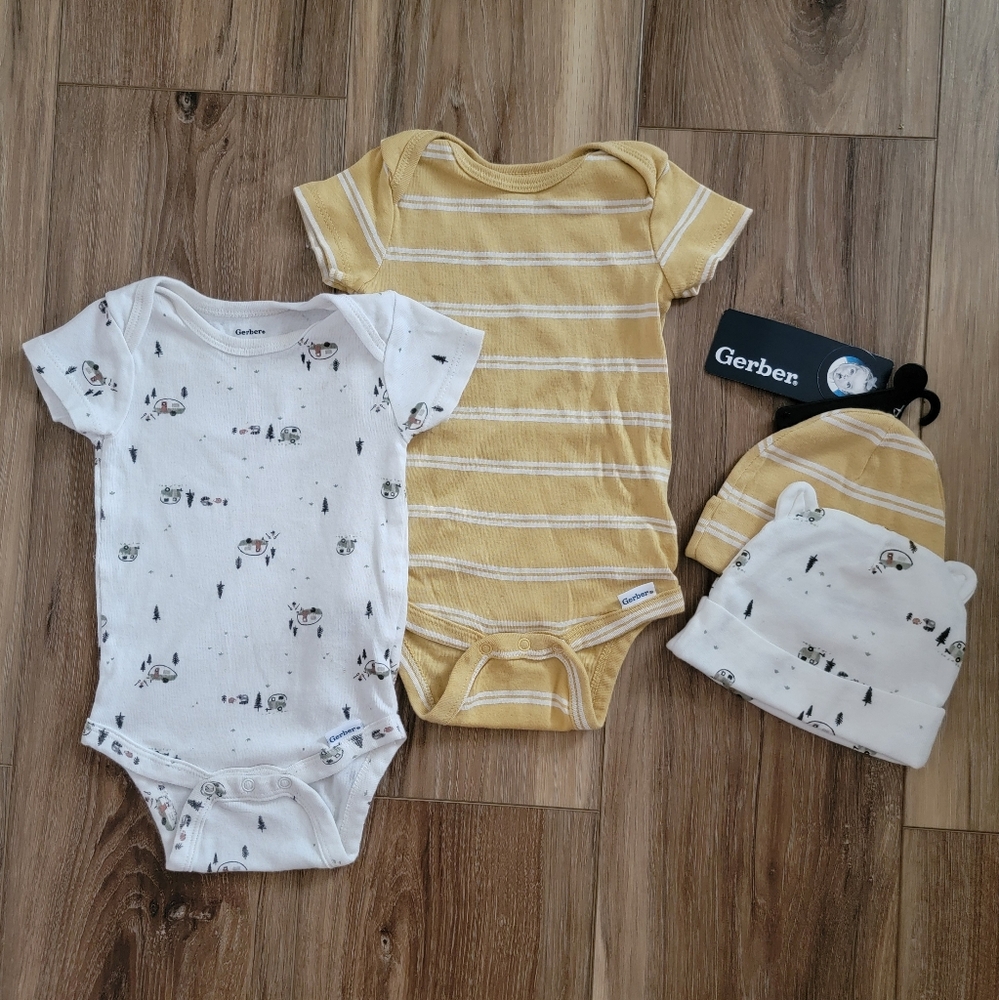 Gerber Lot Of Baby Unisex Bodysuits And Hats, Camping and Yellow, 3-6M